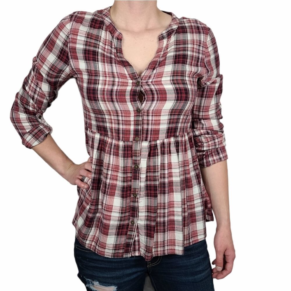 Maurices Red and White Plaid Button Down Blouse
